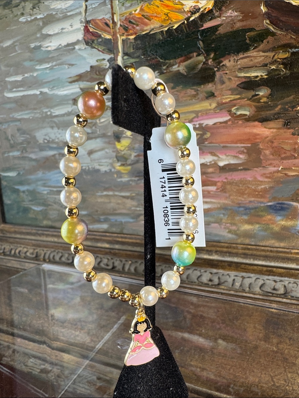 0823-Girls Multi-Color Pearl Stretch Beaded Charm Bracelet with Princess Pendant